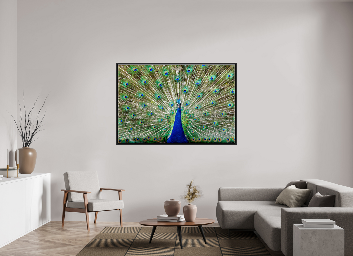 66 x 44″, Black Matte Floater Frame with Acrylic Glass (08C) Peacock Display