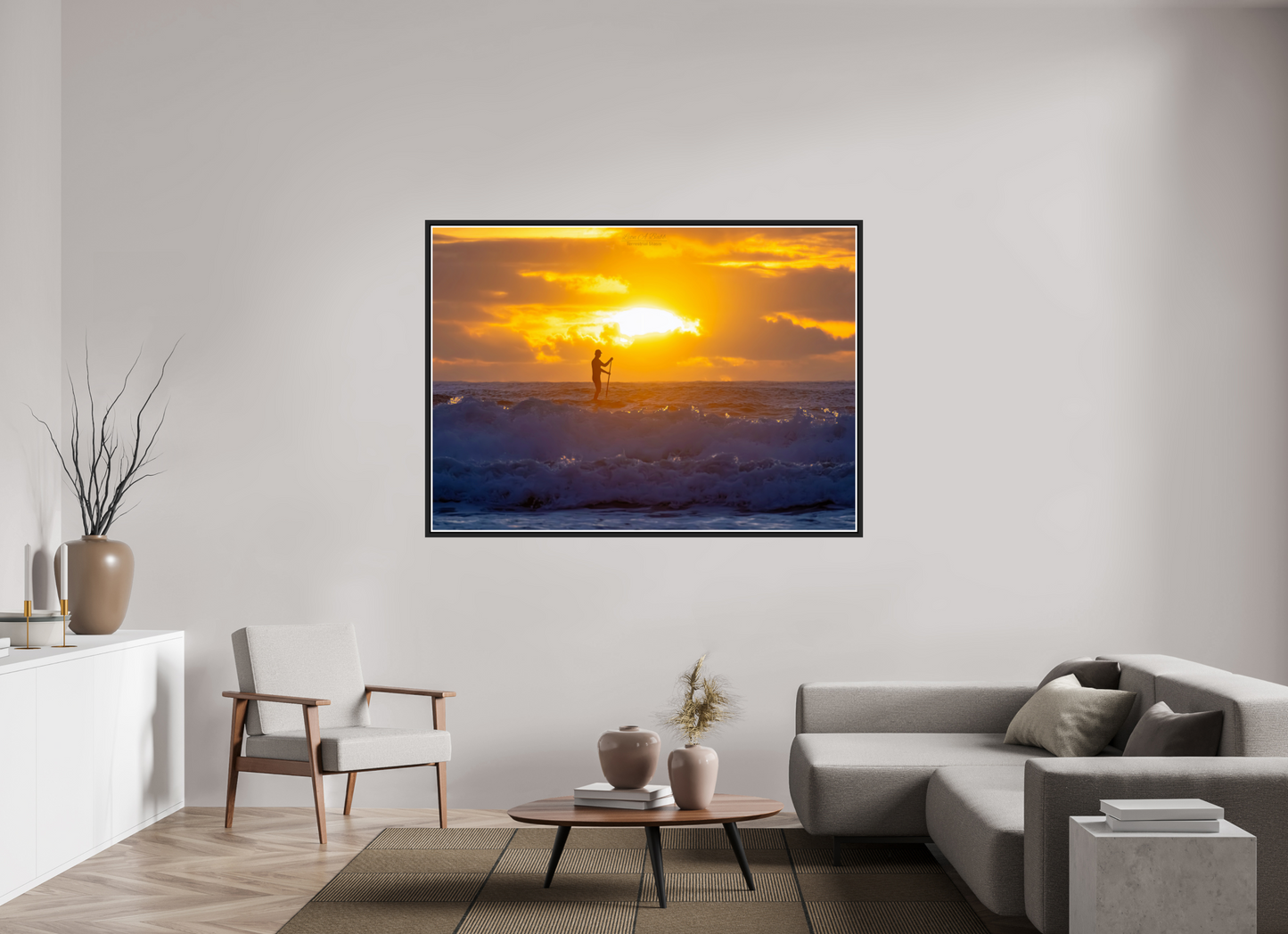 65.8 x 47″, Black Matte Floater Frame with Acrylic Glass (05E) Surfer at Sunrise 2