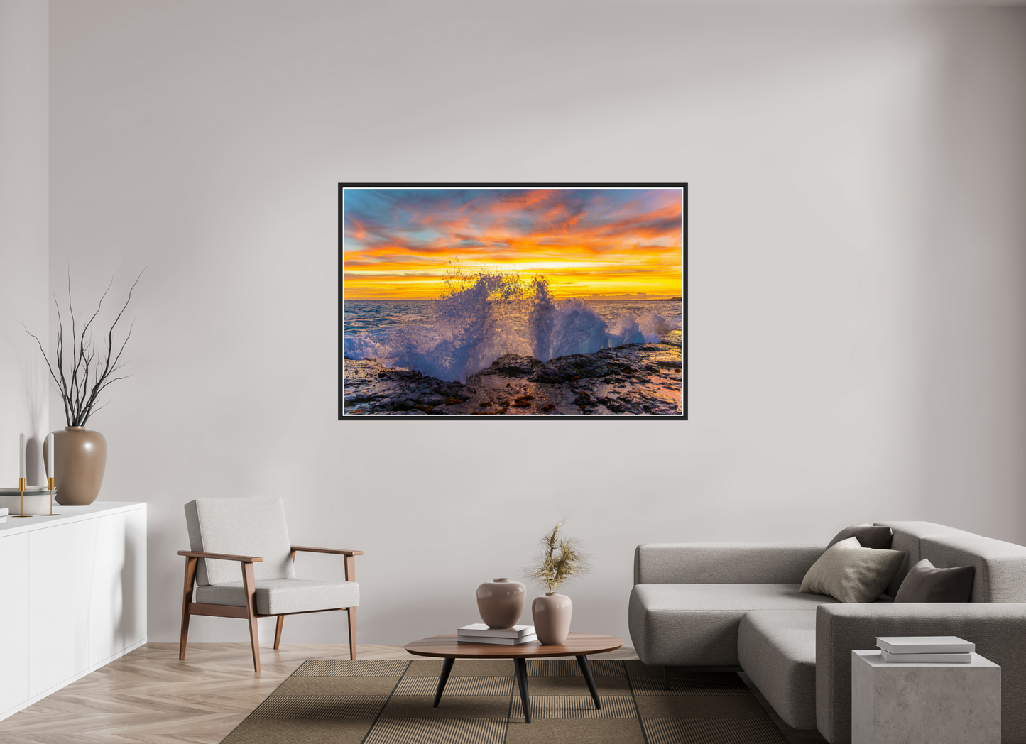 66 x 44″, Black Matte Floater Frame with Acrylic Glass (05B) Crashing Waves at Sunset