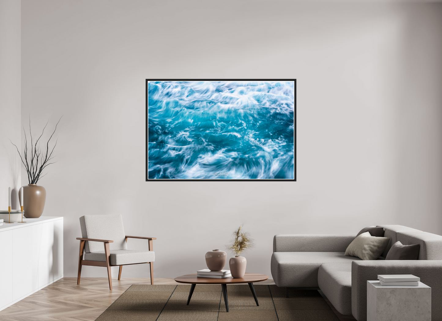 66 x 44″, Black Matte Floater Frame with Acrylic Glass (06B) Blue Waves
