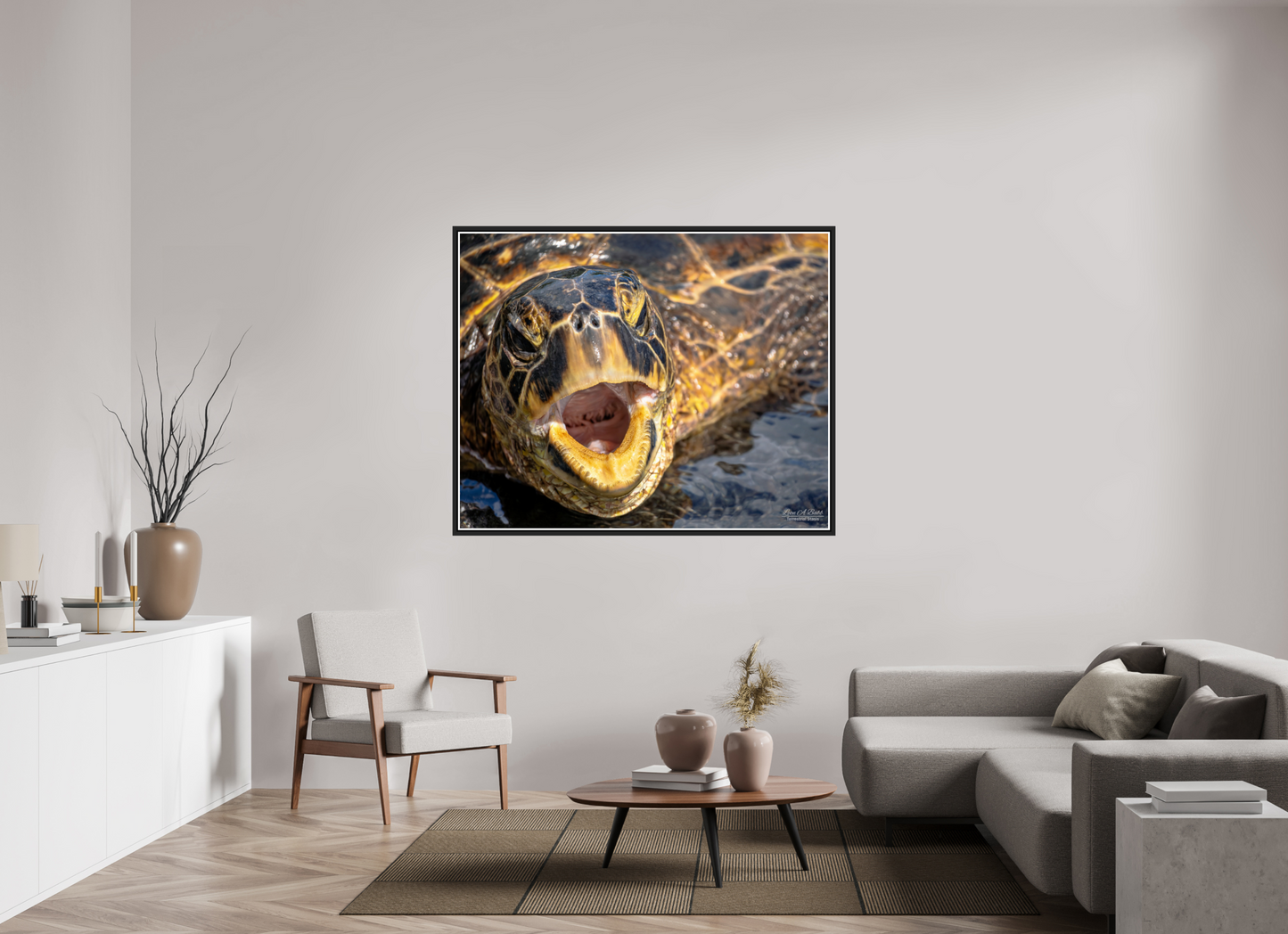 58.7 x 47″, Black Matte Floater Frame with Acrylic Glass (000) Honu’s Serenade