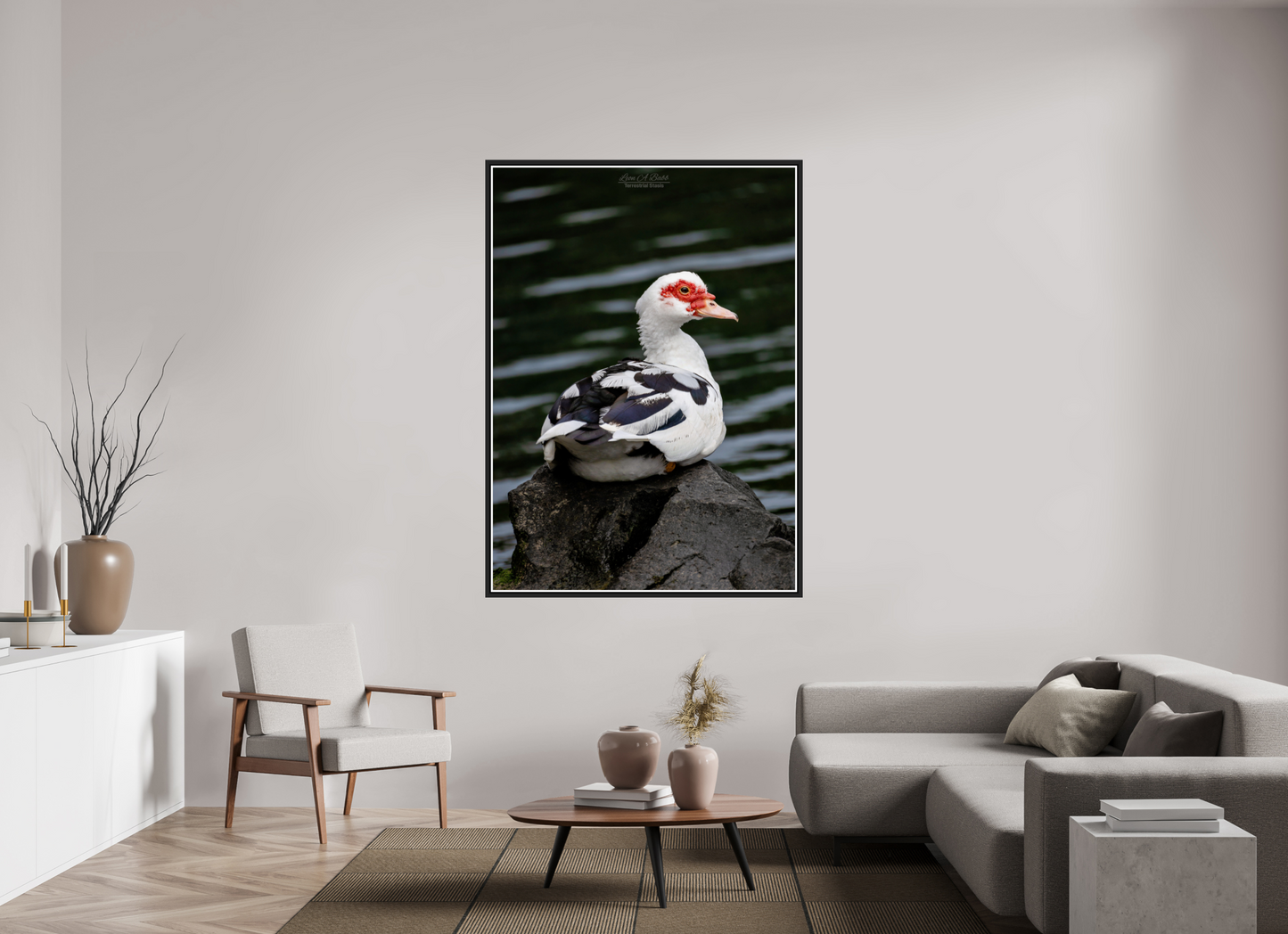 47 x 65.8″, Black Matte Floater Frame with Acrylic Glass (08T) Female Muscovy Duck Portrait
