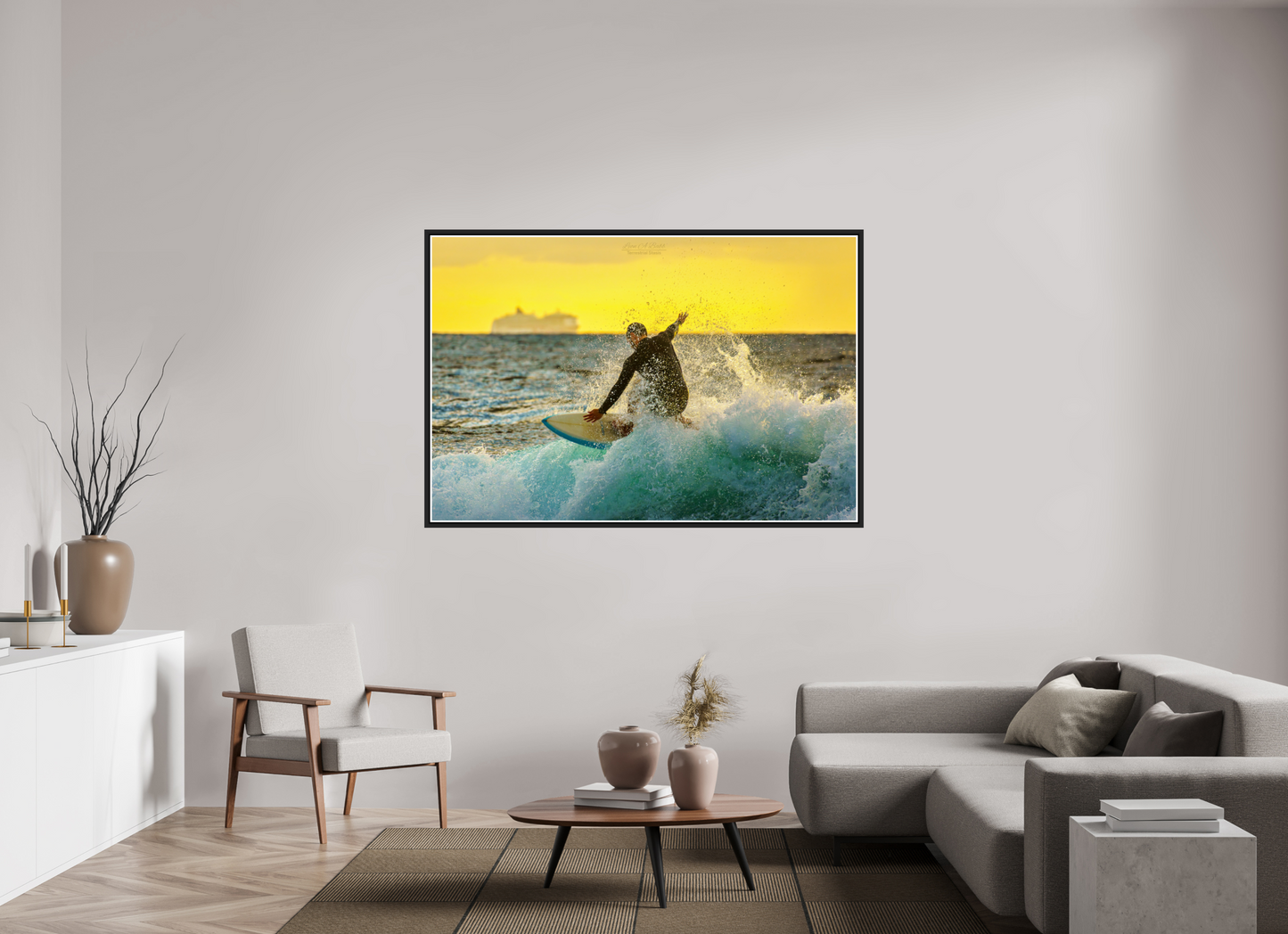 66 x 44″, Black Matte Floater Frame with Acrylic Glass (05F) Surfing at Sunrise