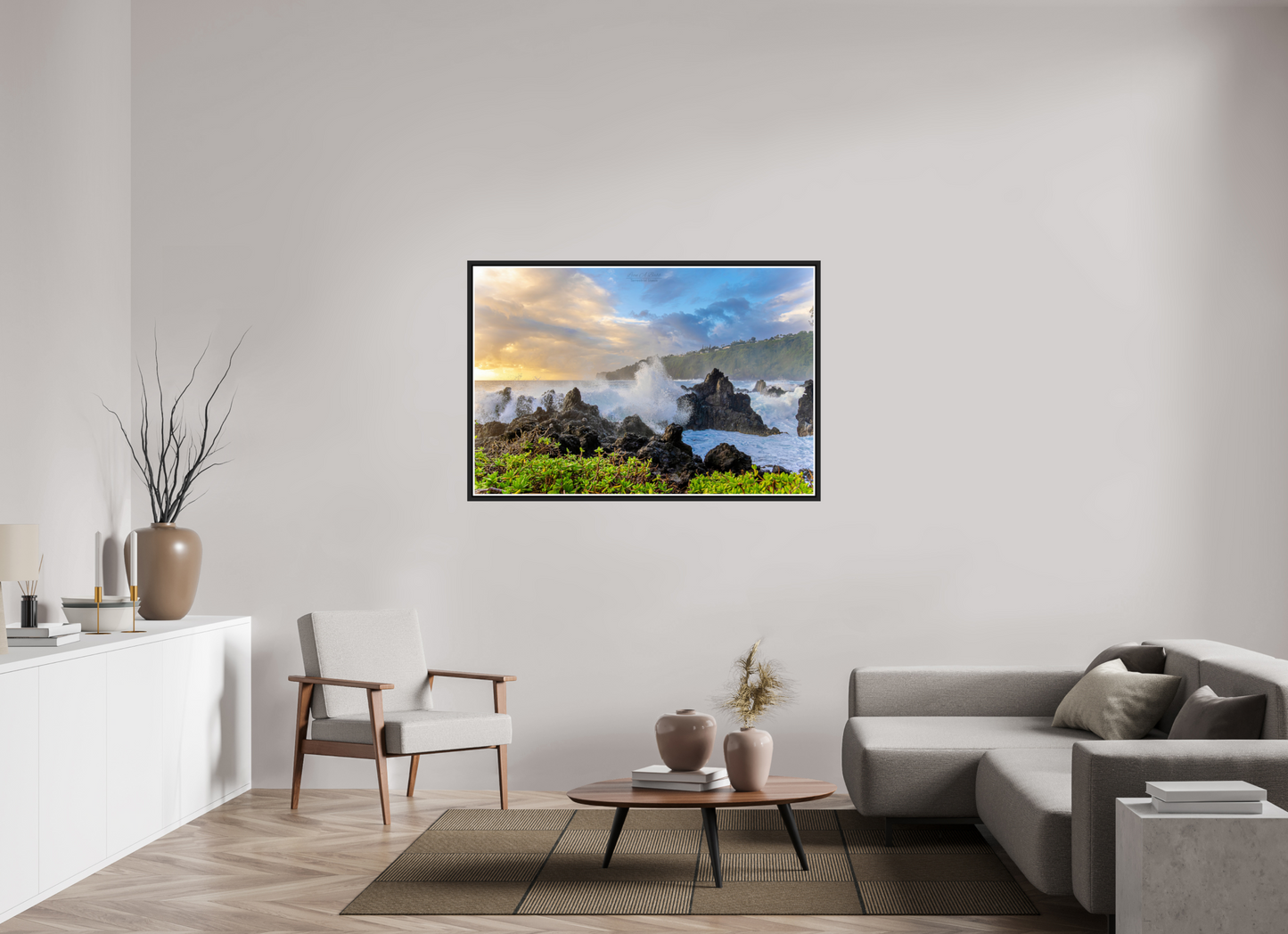 54 x 36″, Black Matte Floater Frame with Acrylic Glass (04A) Big Waves at the Coast