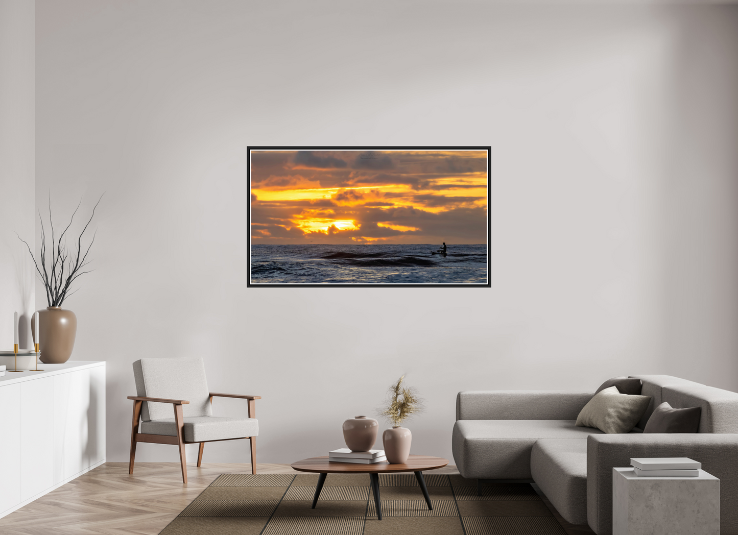 64 x 36″, Black Matte Floater Frame with Acrylic Glass (05D) Surfer at Sunrise 1