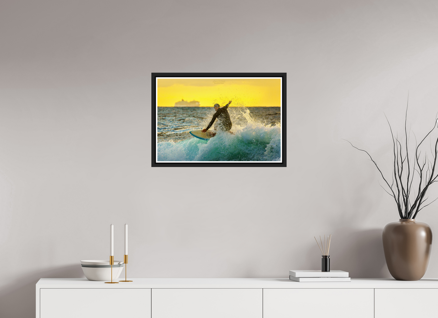 24 x 16″, Black Matte Floater Frame with Acrylic Glass (05F) Surfing at Sunrise