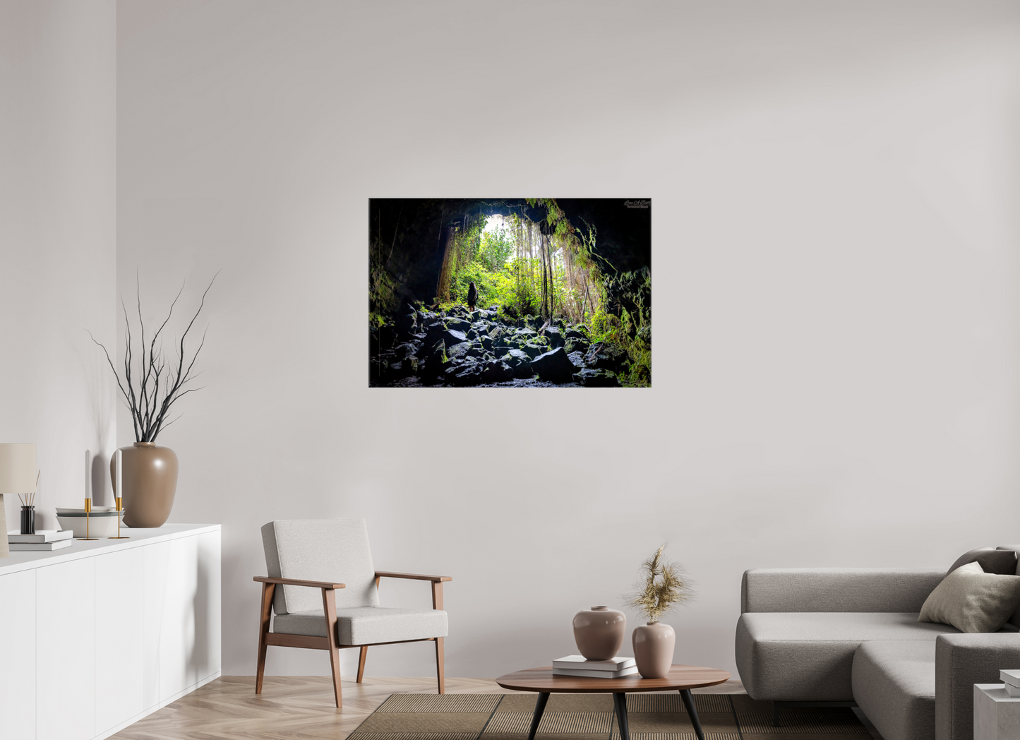 45 x 30″, Glossy Canvas Stretcher Frame with Mirrored Edges Voyager at the Cave's Edge