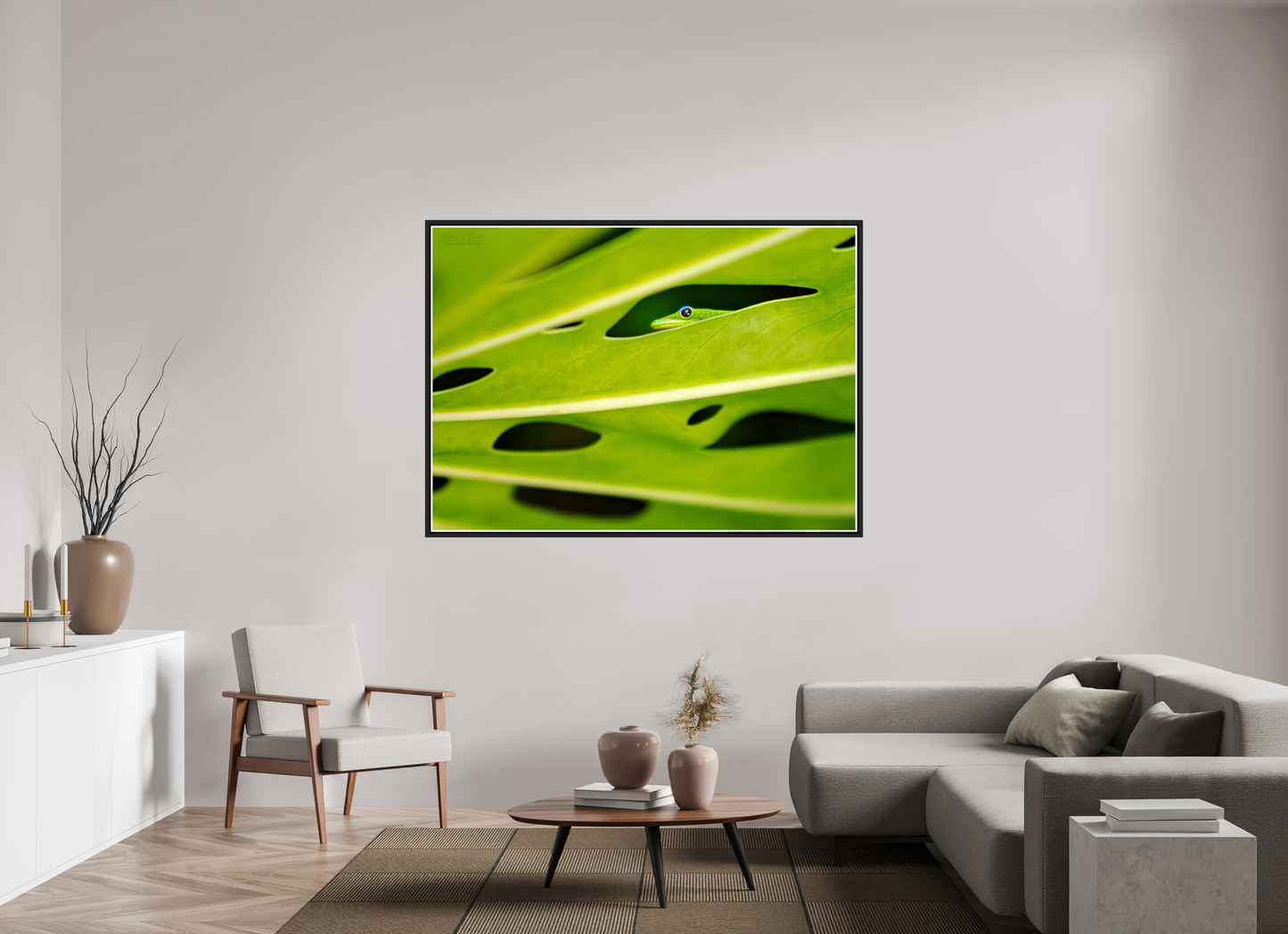 65.8 x 47″, Black Matte Floater Frame with Acrylic Glass (08E) Hidden Gecko
