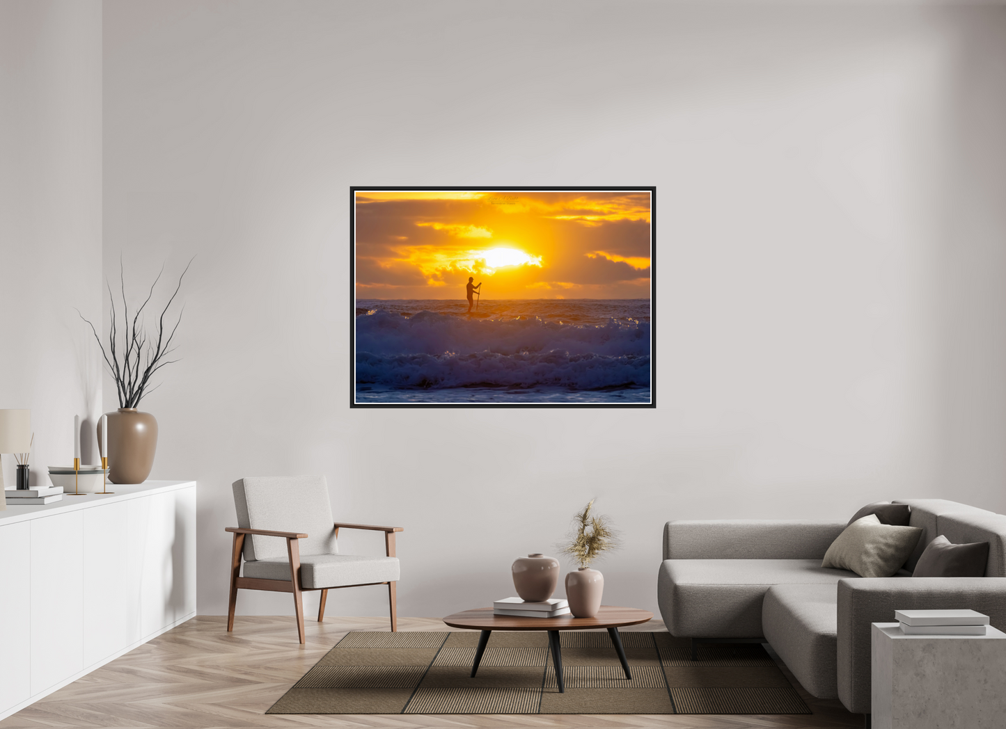 60.2 x 43″, Black Matte Floater Frame with Acrylic Glass (05E) Surfer at Sunrise 2