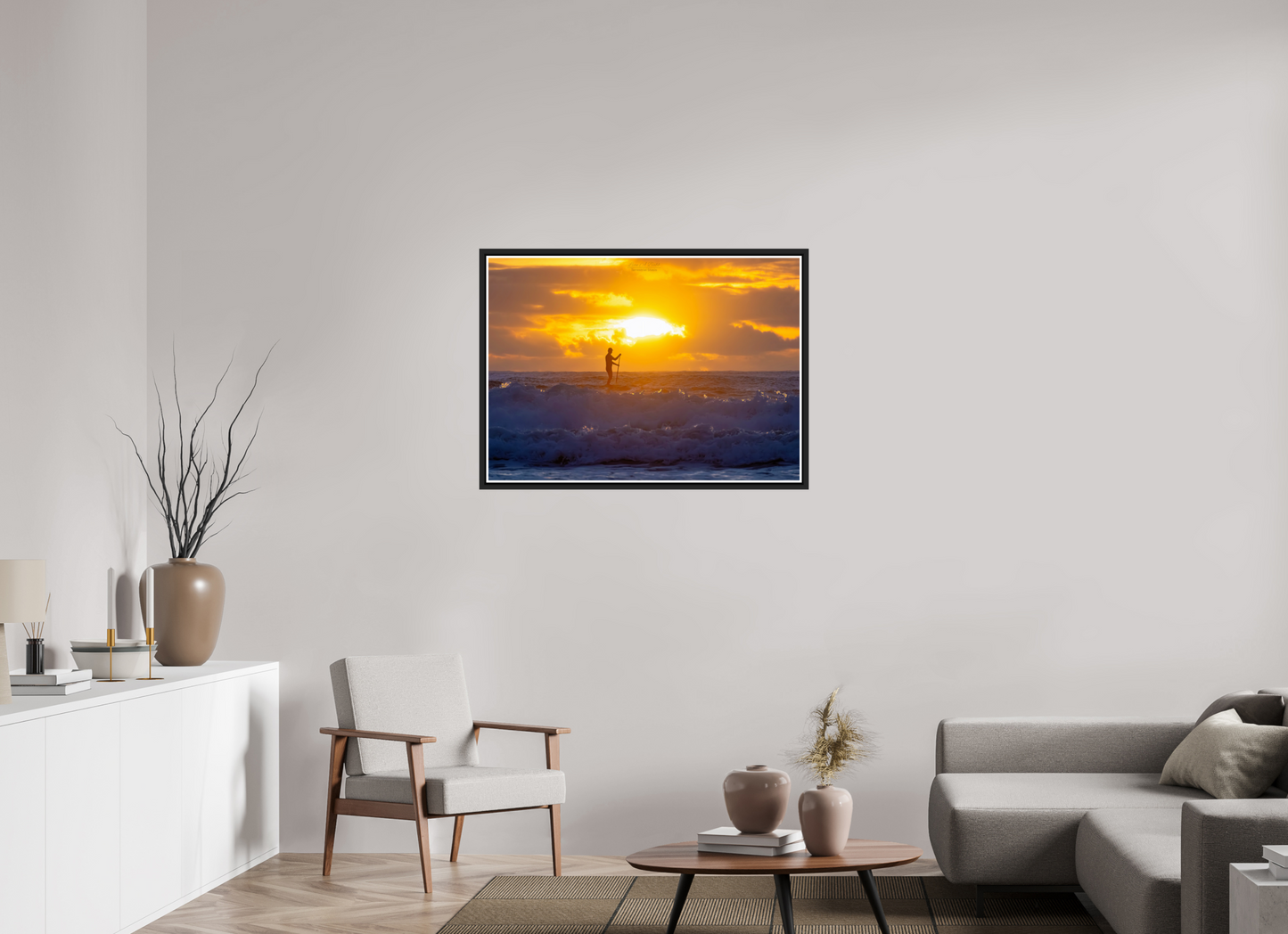 39.2 x 28″, Black Matte Floater Frame with Acrylic Glass (05E) Surfer at Sunrise 2