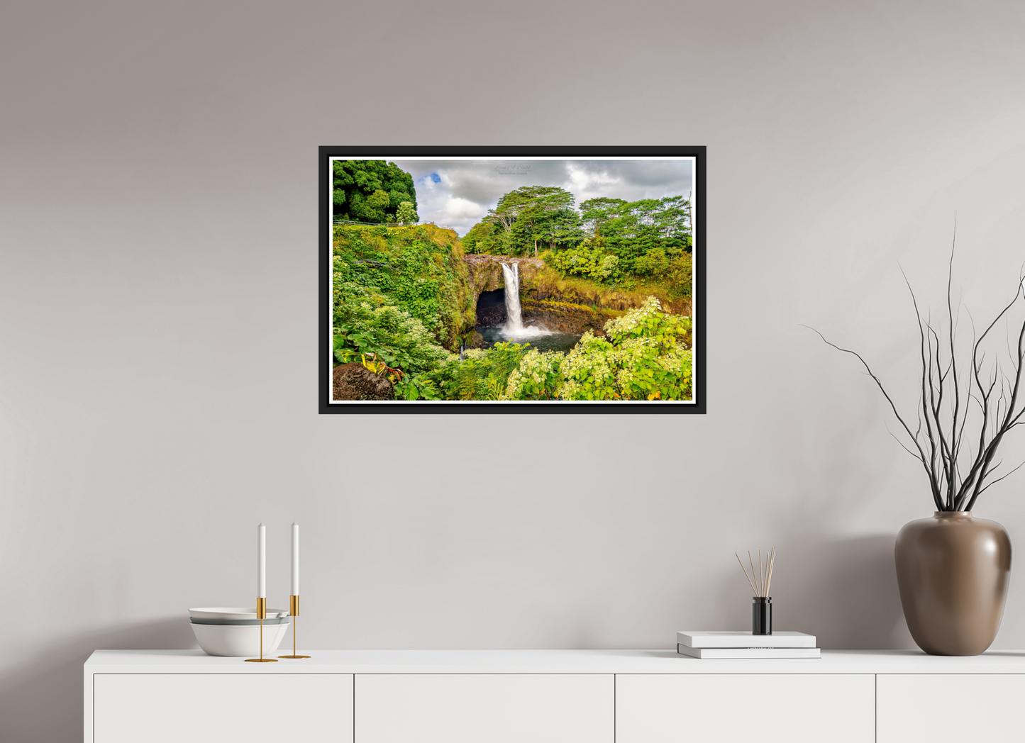 30 x 20″, Black Matte Floater Frame with Acrylic Glass (04C) Rainbow Falls