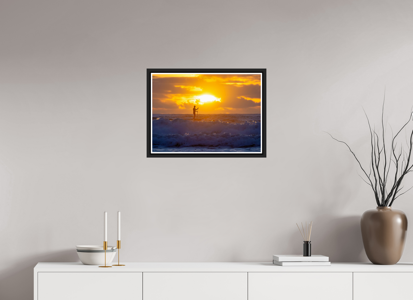 22.4 x 16″, Black Matte Floater Frame with Acrylic Glass (05E) Surfer at Sunrise 2