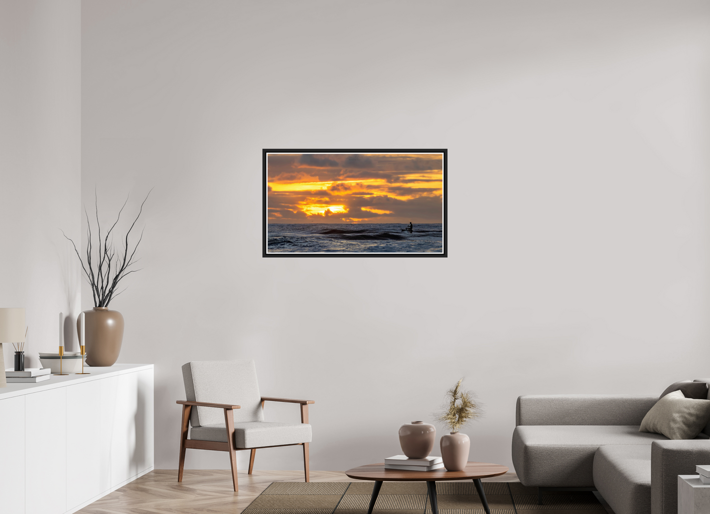 40 x 22.5″, Black Matte Floater Frame with Acrylic Glass (05D) Surfer at Sunrise 1
