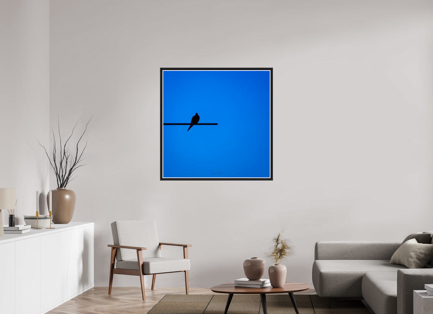 40 x 40″, Black Matte Floater Frame with Acrylic Glass (08D) Bird Silhouette in Blue