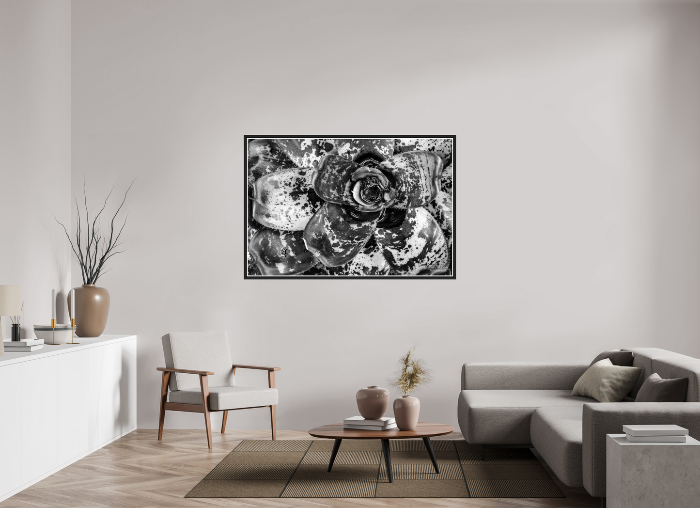 60 x 40″, Black Matte Floater Frame with Acrylic Glass (07C) BnW Plant