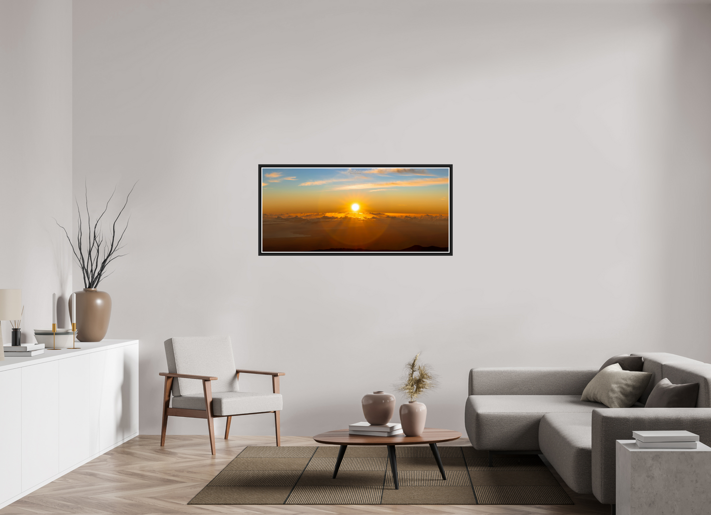 53.8 x 24″, Black Matte Floater Frame with Acrylic Glass (02F) First Light Over Hilo