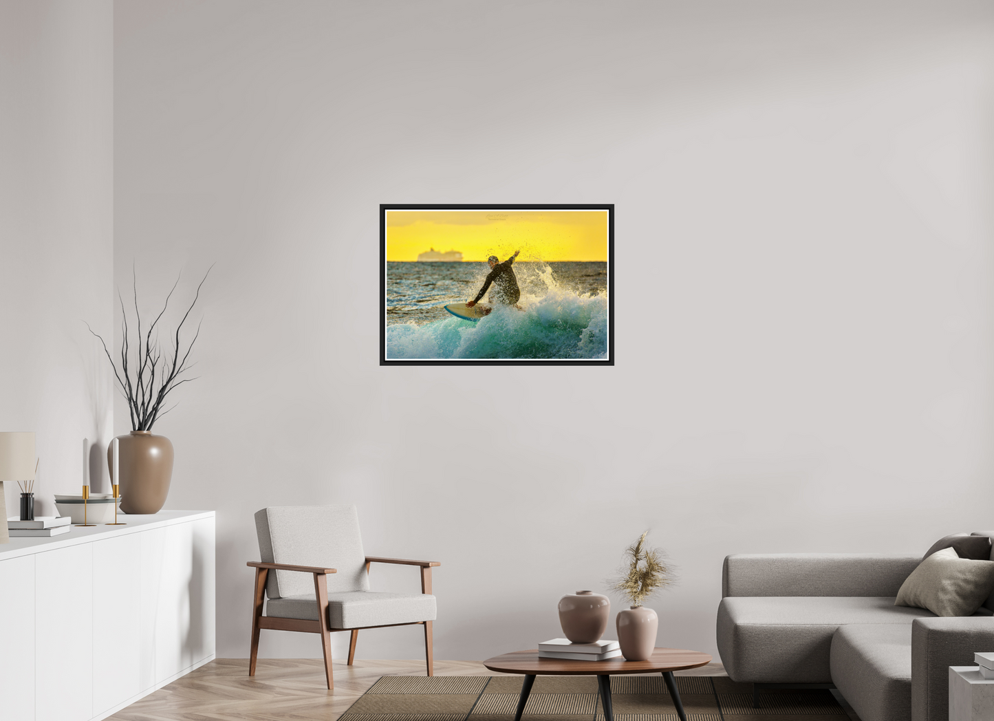 36 x 24″, Black Matte Floater Frame with Acrylic Glass (05F) Surfing at Sunrise