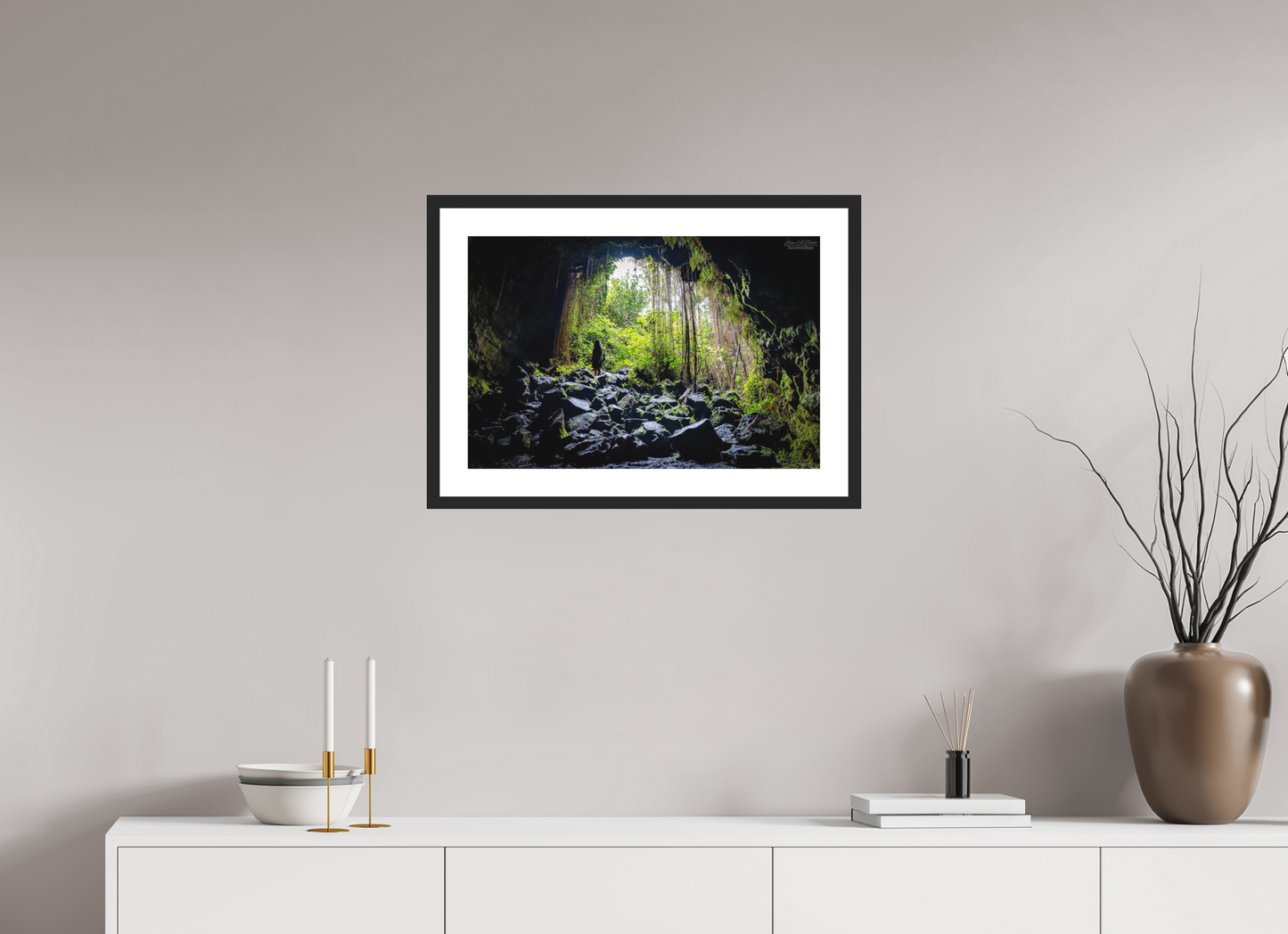 24 x 16″, Classic Black Matte Wood Frame Voyager at the Cave's Edge