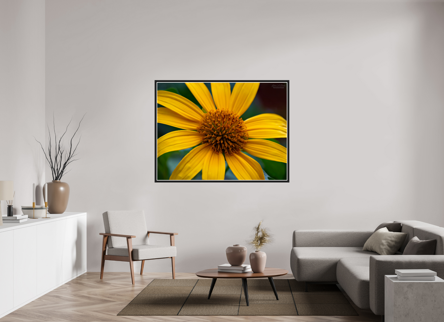 60 x 45″, Black Matte Floater Frame with Acrylic Glass (07A) Yellow Flower