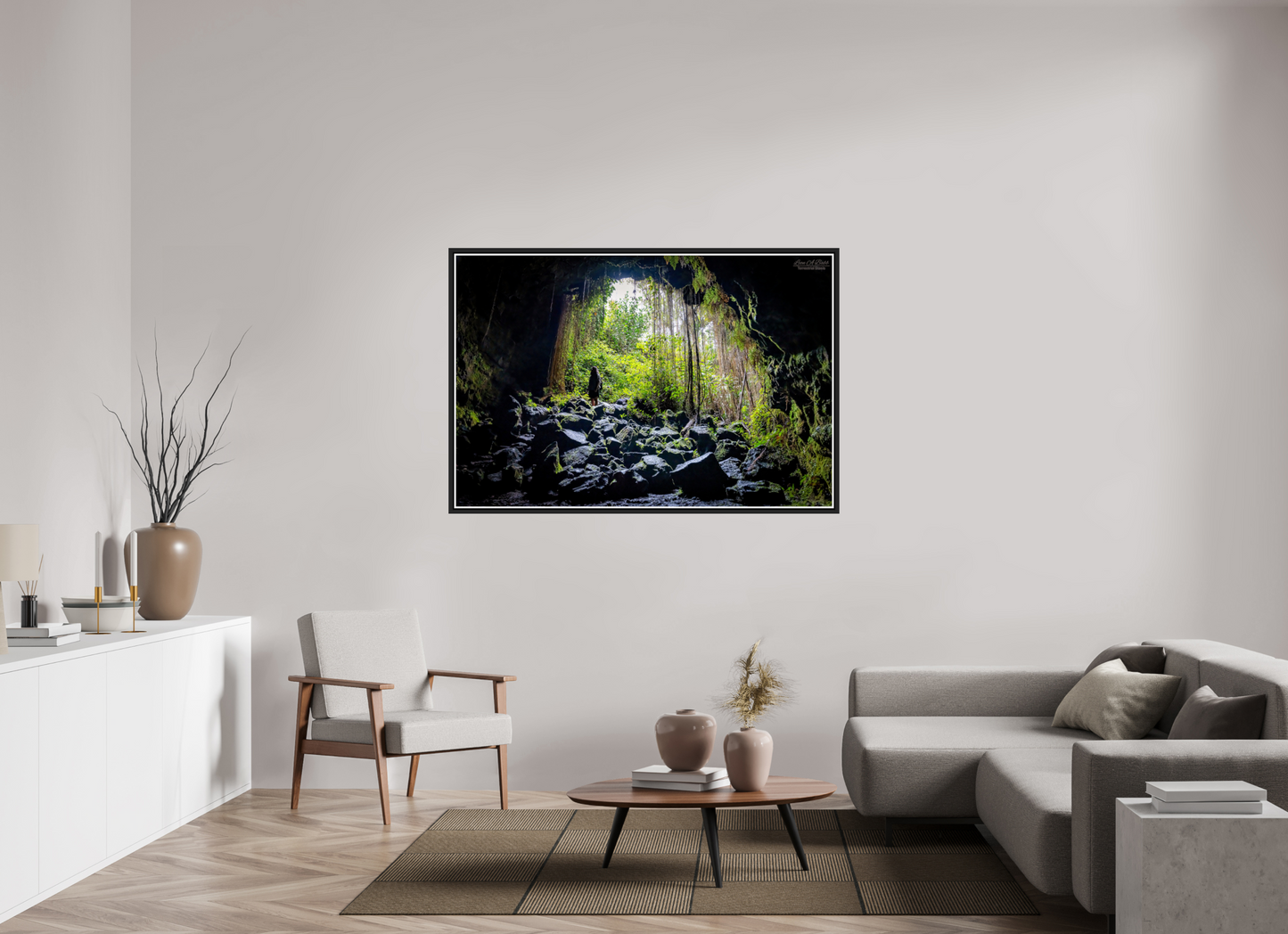 60 x 40″, Black Matte Floater Frame with Acrylic Glass Voyager at the Cave's Edge