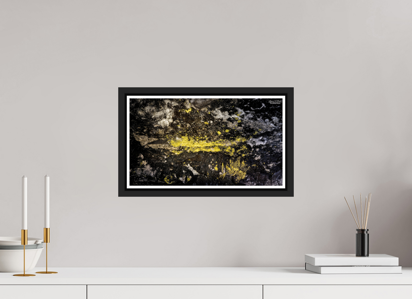 16 x 9″, Black Matte Floater Frame with Acrylic Glass (10B) Luminous veins of the Kaūmana caves 2