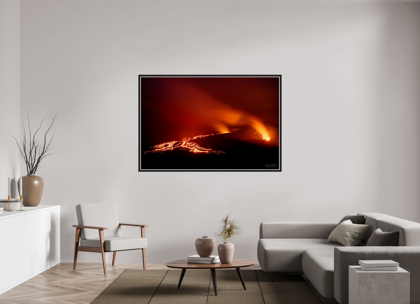 66 x 44″, Black Matte Floater Frame with Acrylic Glass Island of Fire