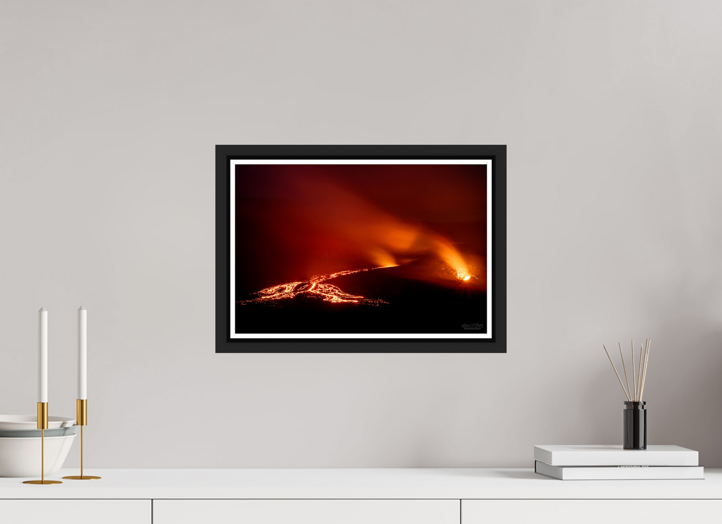15 x 10″, Black Matte Floater Frame with Acrylic Glass Island of Fire