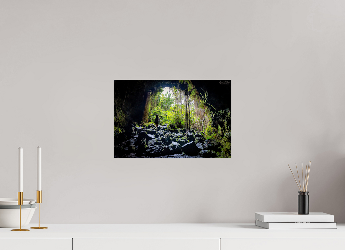 15 x 10″, Print with Aluminum Backing and Glossy Lamination Voyager at the Cave's Edge