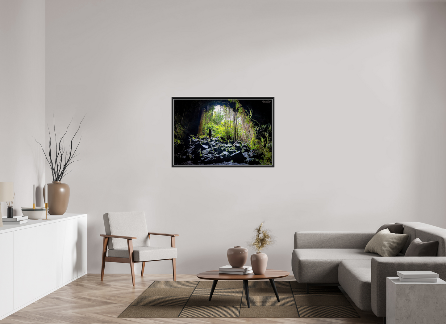 45 x 30″, Black Matte Floater Frame with Acrylic Glass Voyager at the Cave's Edge