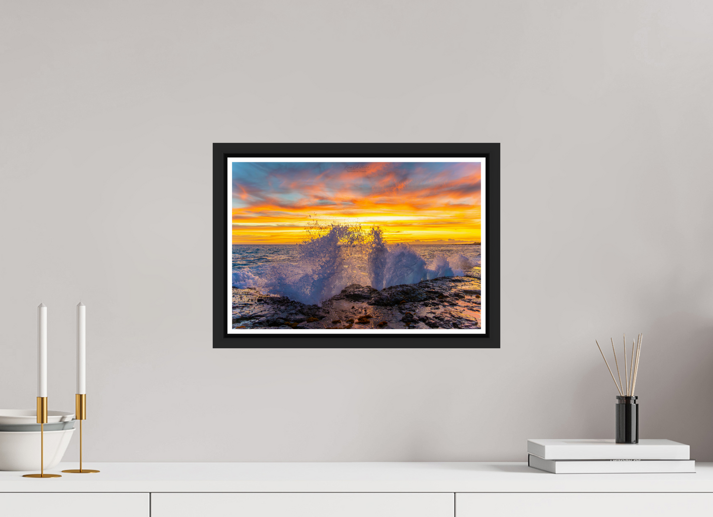 15 x 10″, Black Matte Floater Frame with Acrylic Glass (05B) Crashing Waves at Sunset