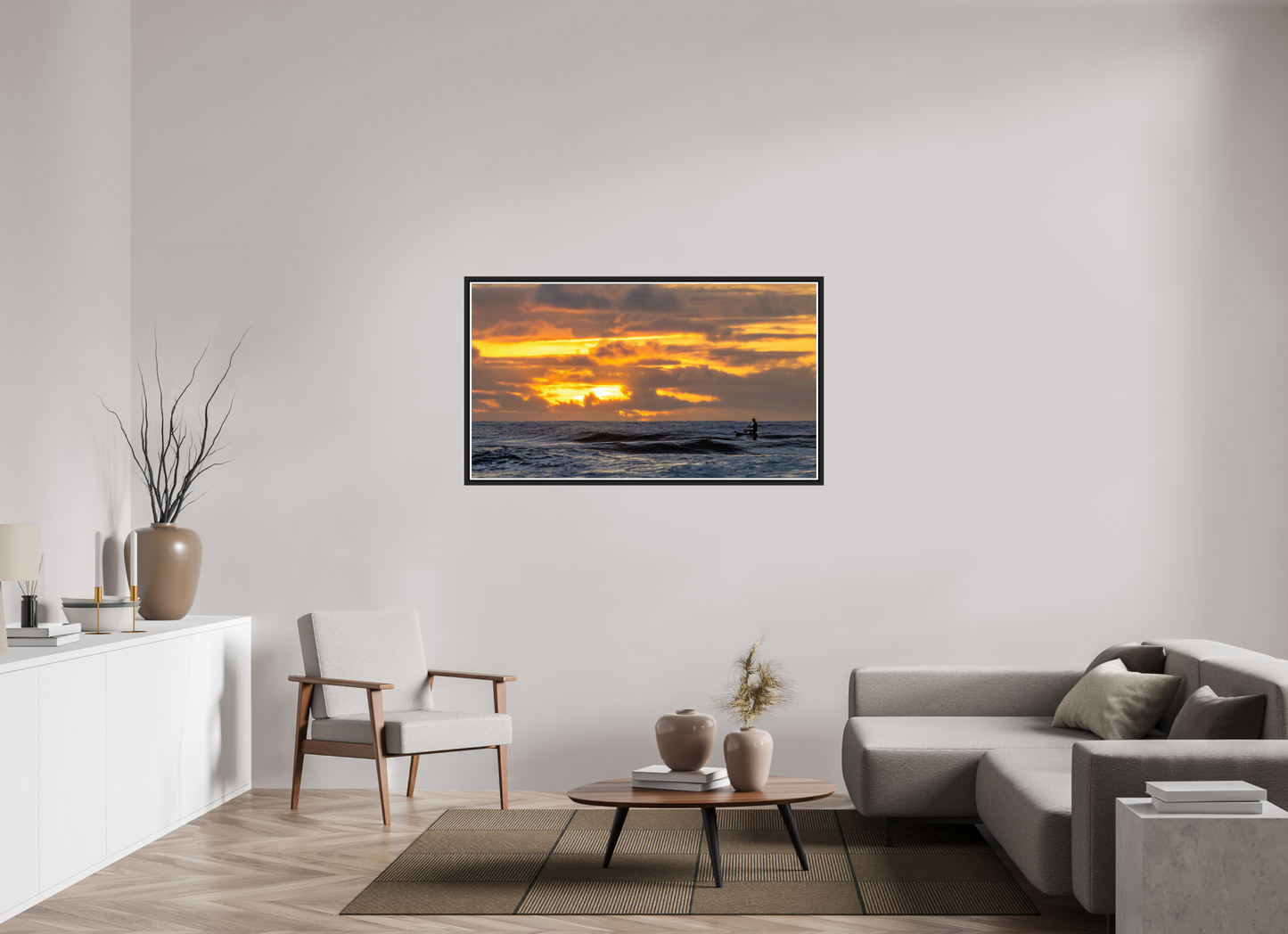 55 x 30.9″, Black Matte Floater Frame with Acrylic Glass (05D) Surfer at Sunrise 1