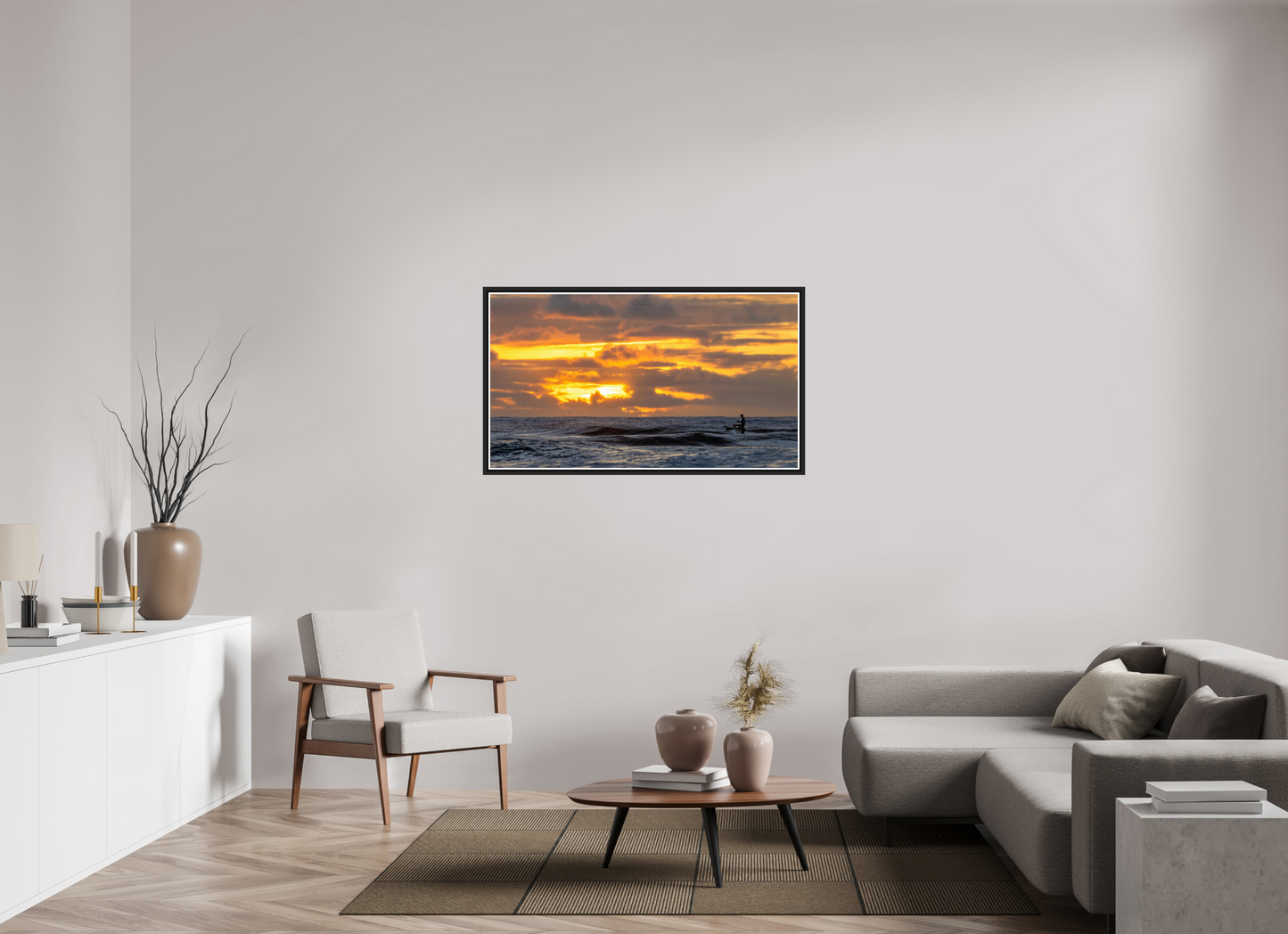 49 x 27.6″, Black Matte Floater Frame with Acrylic Glass (05D) Surfer at Sunrise 1