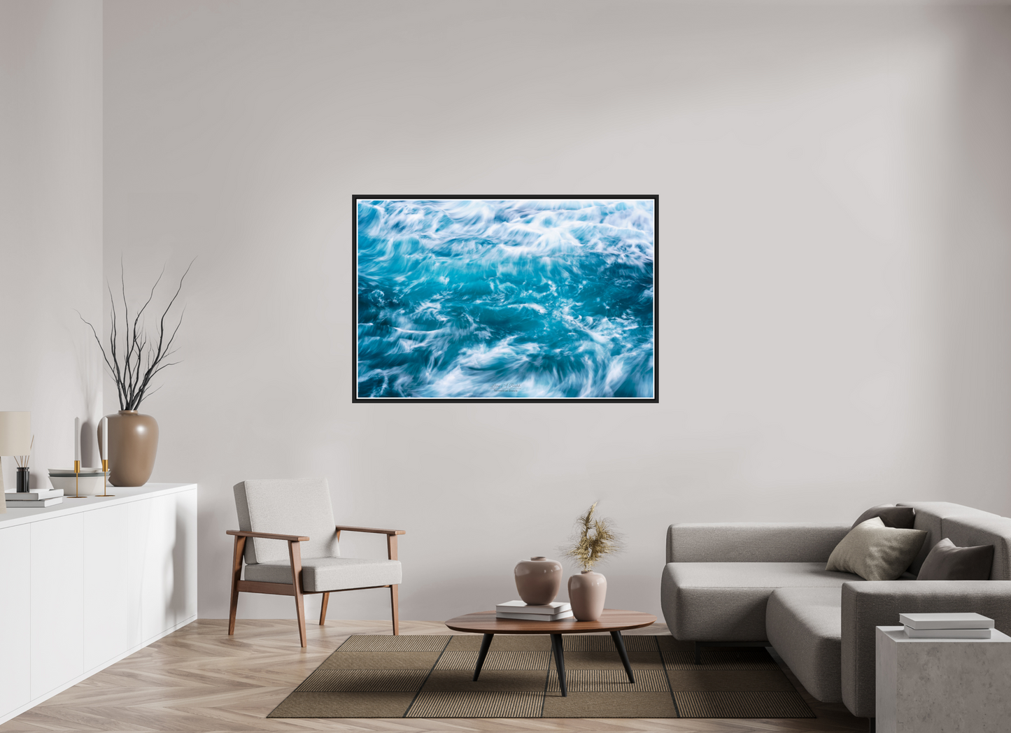 60 x 40″, Black Matte Floater Frame with Acrylic Glass (06B) Blue Waves