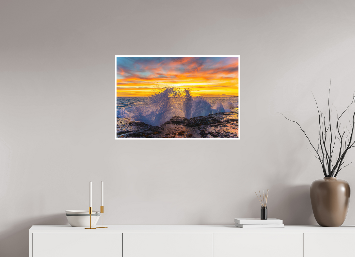 30 x 20″, Photo Print with Matte Lamination (05B) Crashing Waves at Sunset