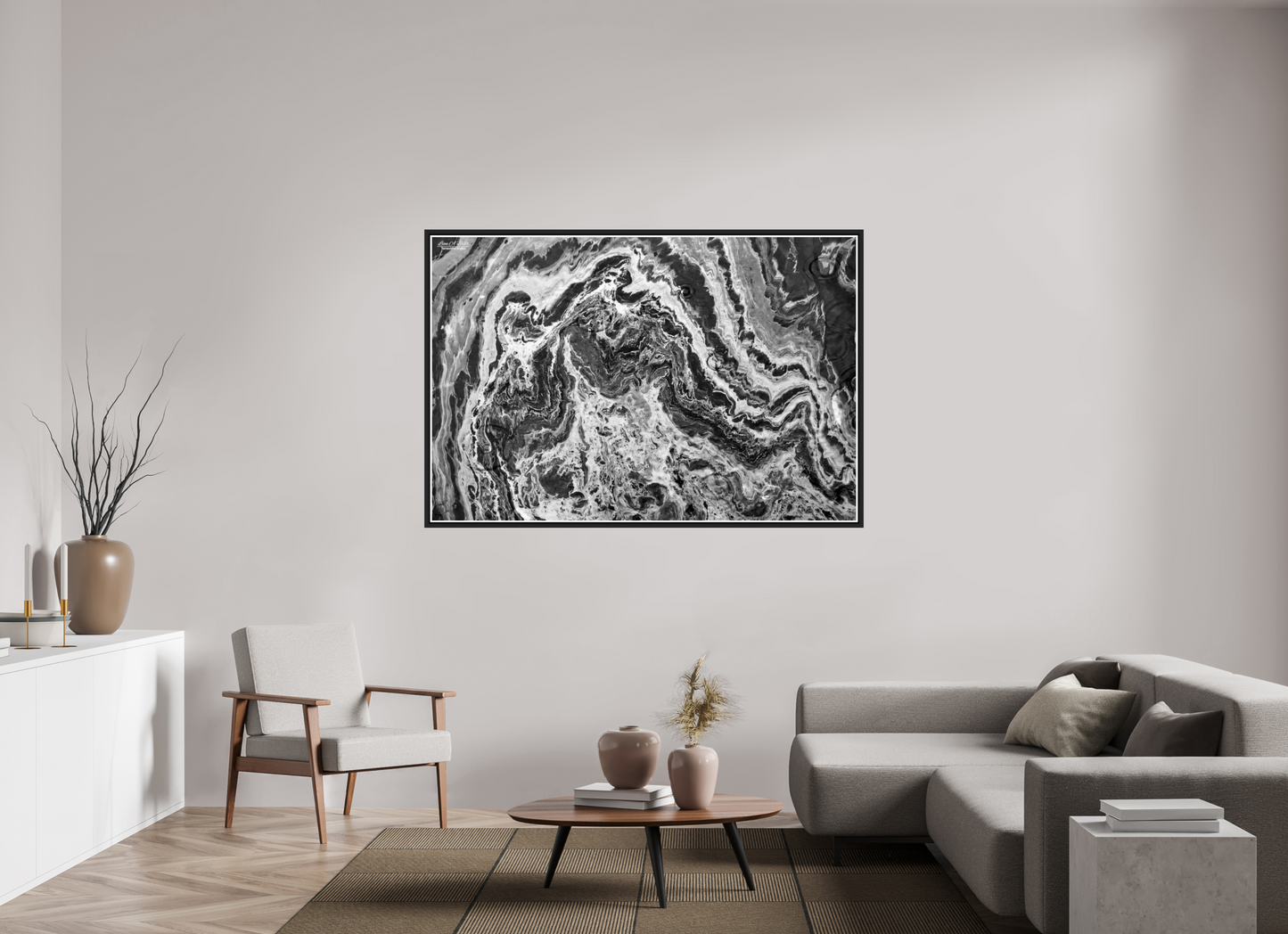 66 x 44″, Black Matte Floater Frame with Acrylic Glass Liquid Marble