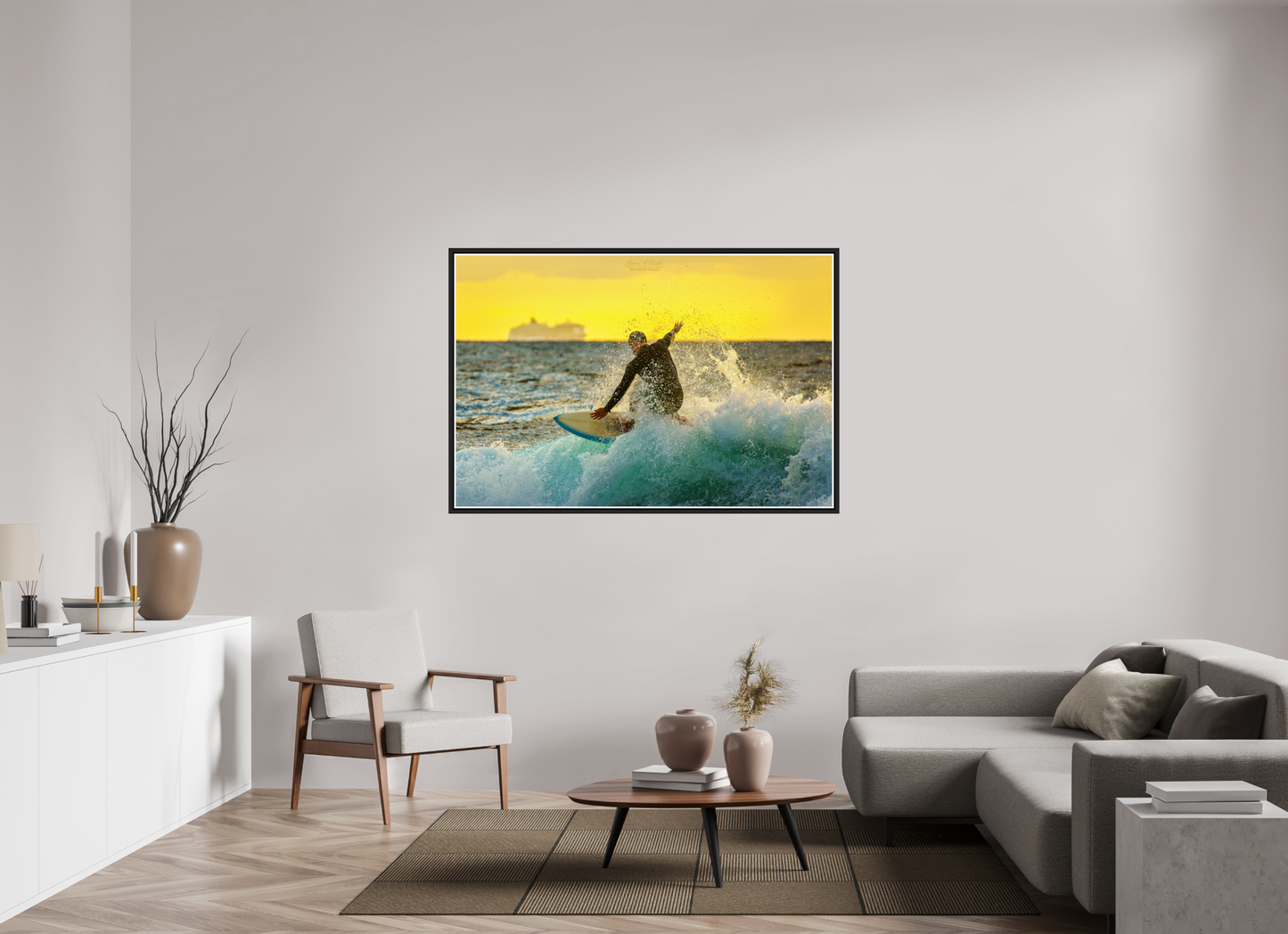 60 x 40″, Black Matte Floater Frame with Acrylic Glass (05F) Surfing at Sunrise