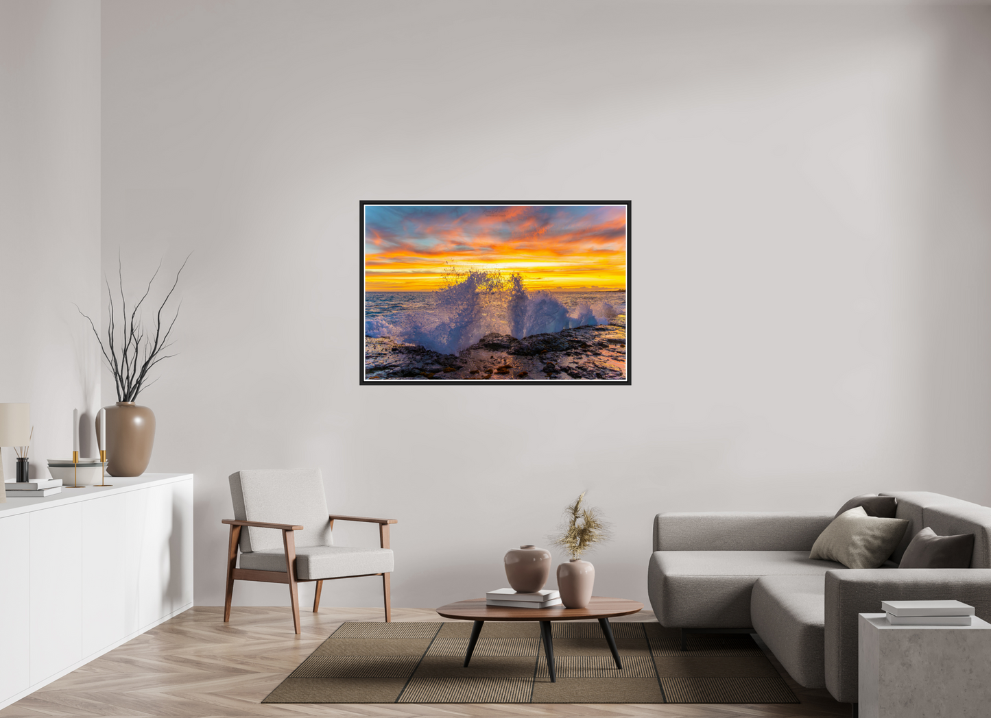 54 x 36″, Black Matte Floater Frame with Acrylic Glass (05B) Crashing Waves at Sunset