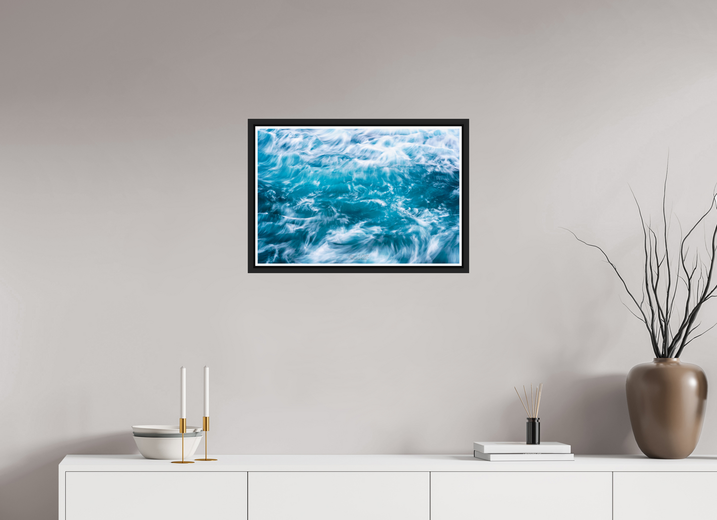 24 x 16″, Black Matte Floater Frame with Acrylic Glass (06B) Blue Waves