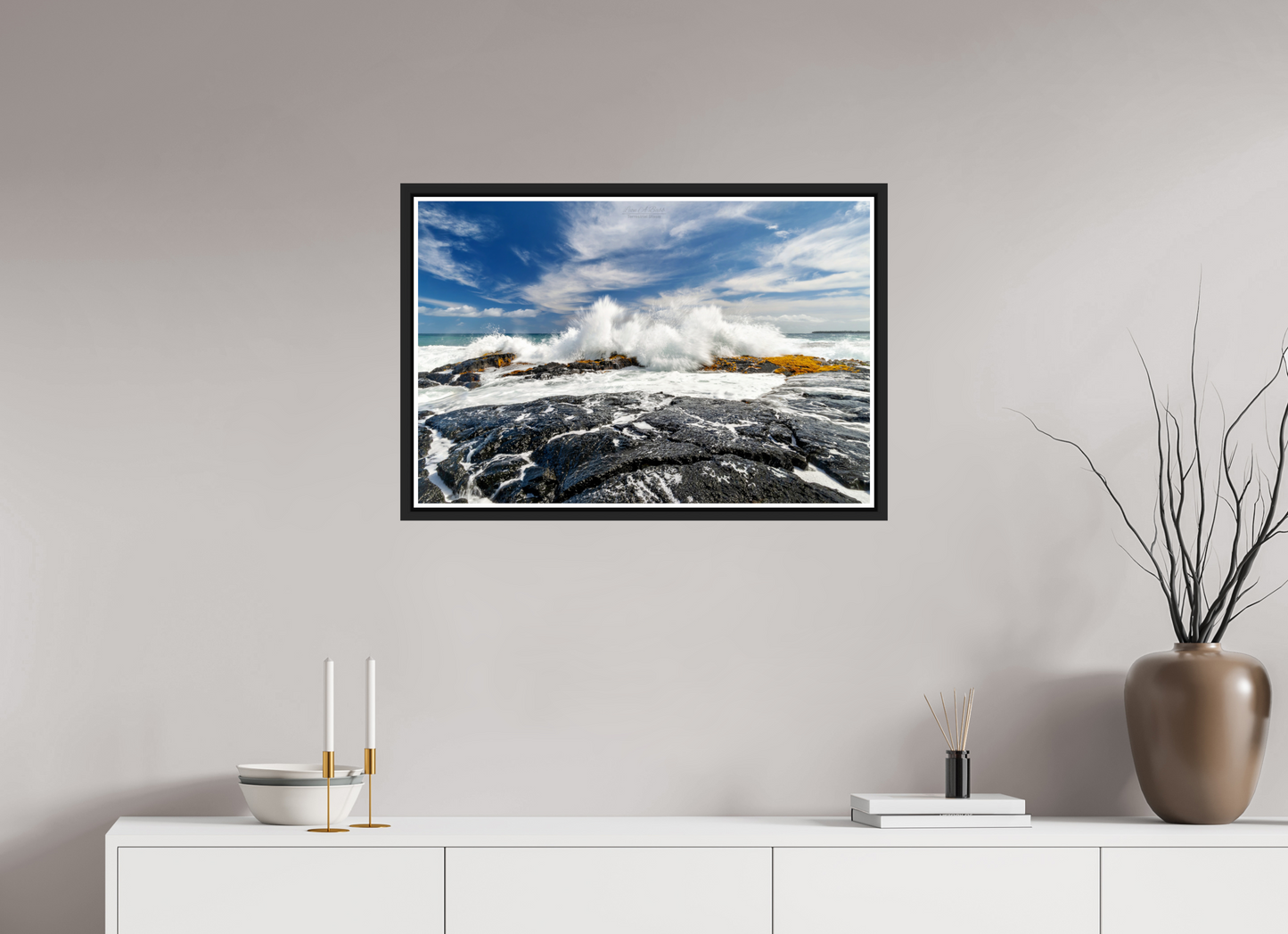 30 x 20″, Black Matte Floater Frame with Acrylic Glass (04D) Impact on the Rocks