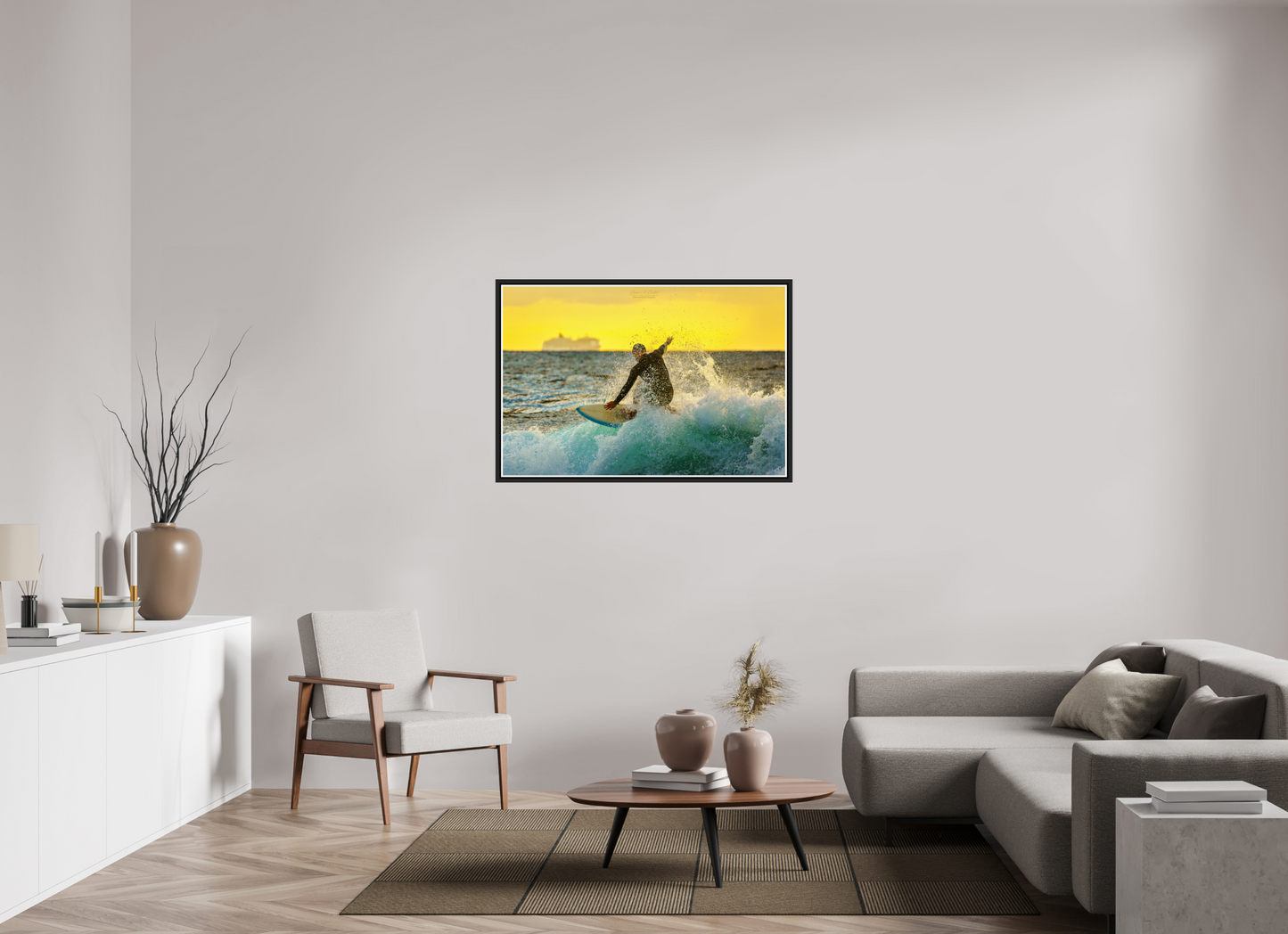 45 x 30″, Black Matte Floater Frame with Acrylic Glass (05F) Surfing at Sunrise
