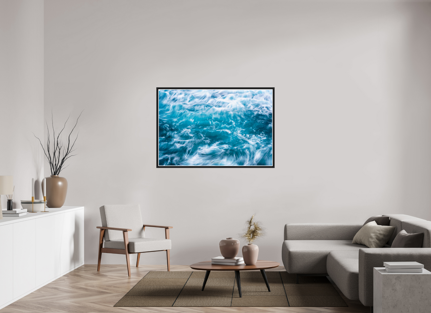 54 x 36″, Black Matte Floater Frame with Acrylic Glass (06B) Blue Waves