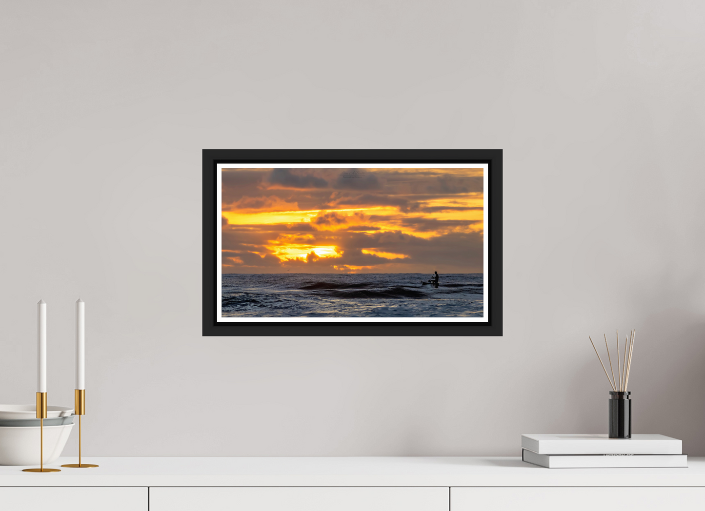 16 x 9″, Black Matte Floater Frame with Acrylic Glass (05D) Surfer at Sunrise 1