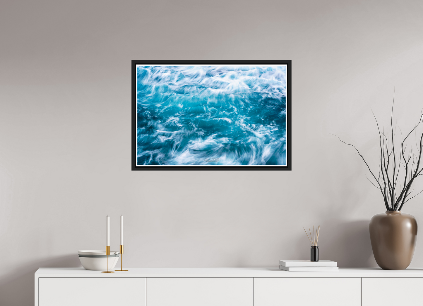 30 x 20″, Black Matte Floater Frame with Acrylic Glass (06B) Blue Waves