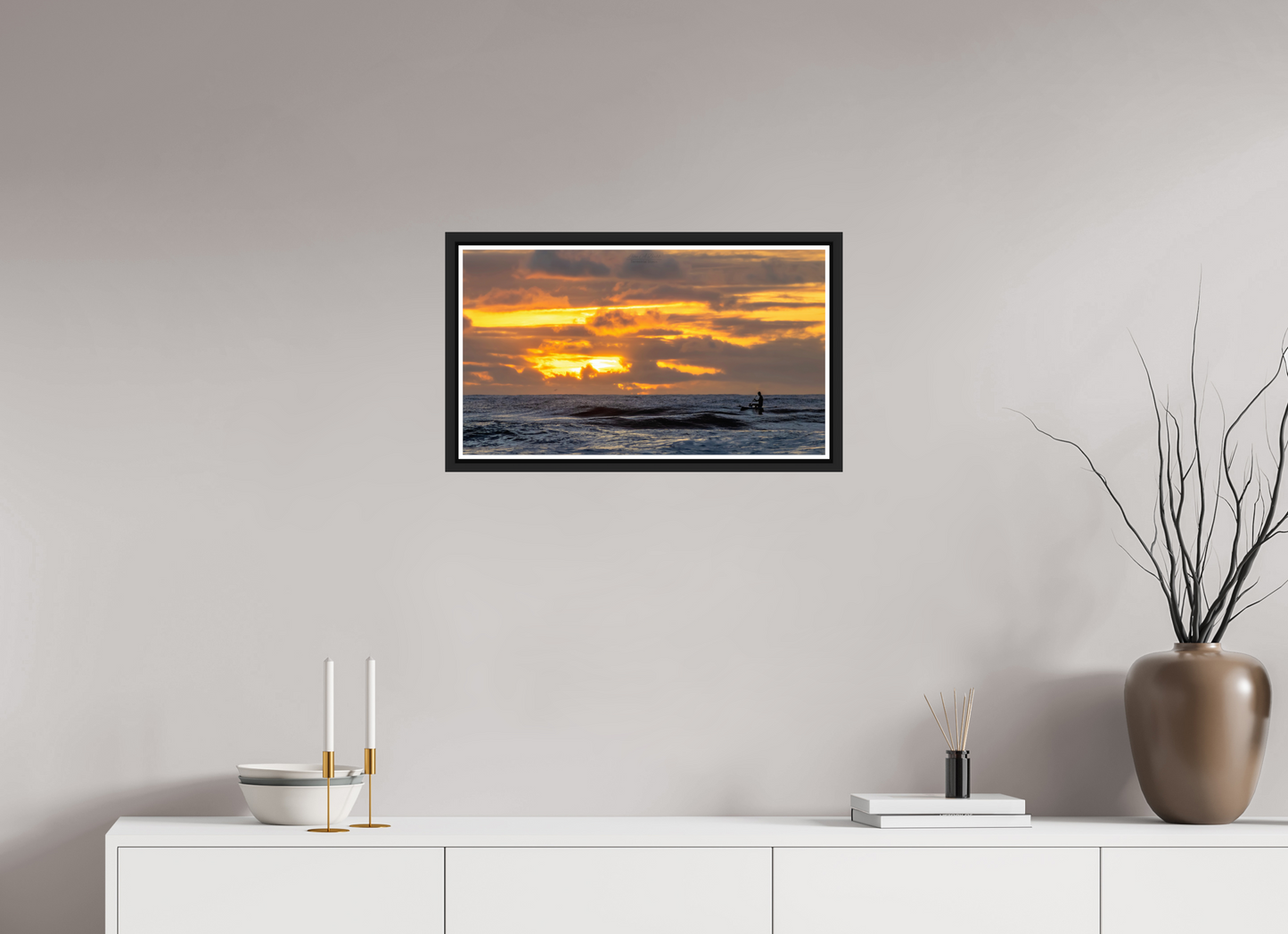 24 x 13.5″, Black Matte Floater Frame with Acrylic Glass (05D) Surfer at Sunrise 1