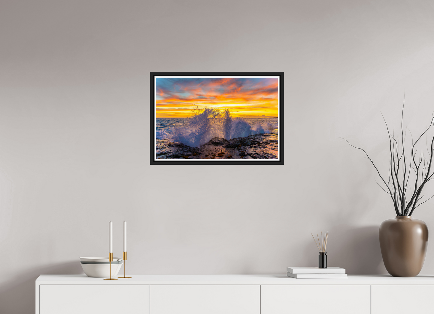 24 x 16″, Black Matte Floater Frame with Acrylic Glass (05B) Crashing Waves at Sunset