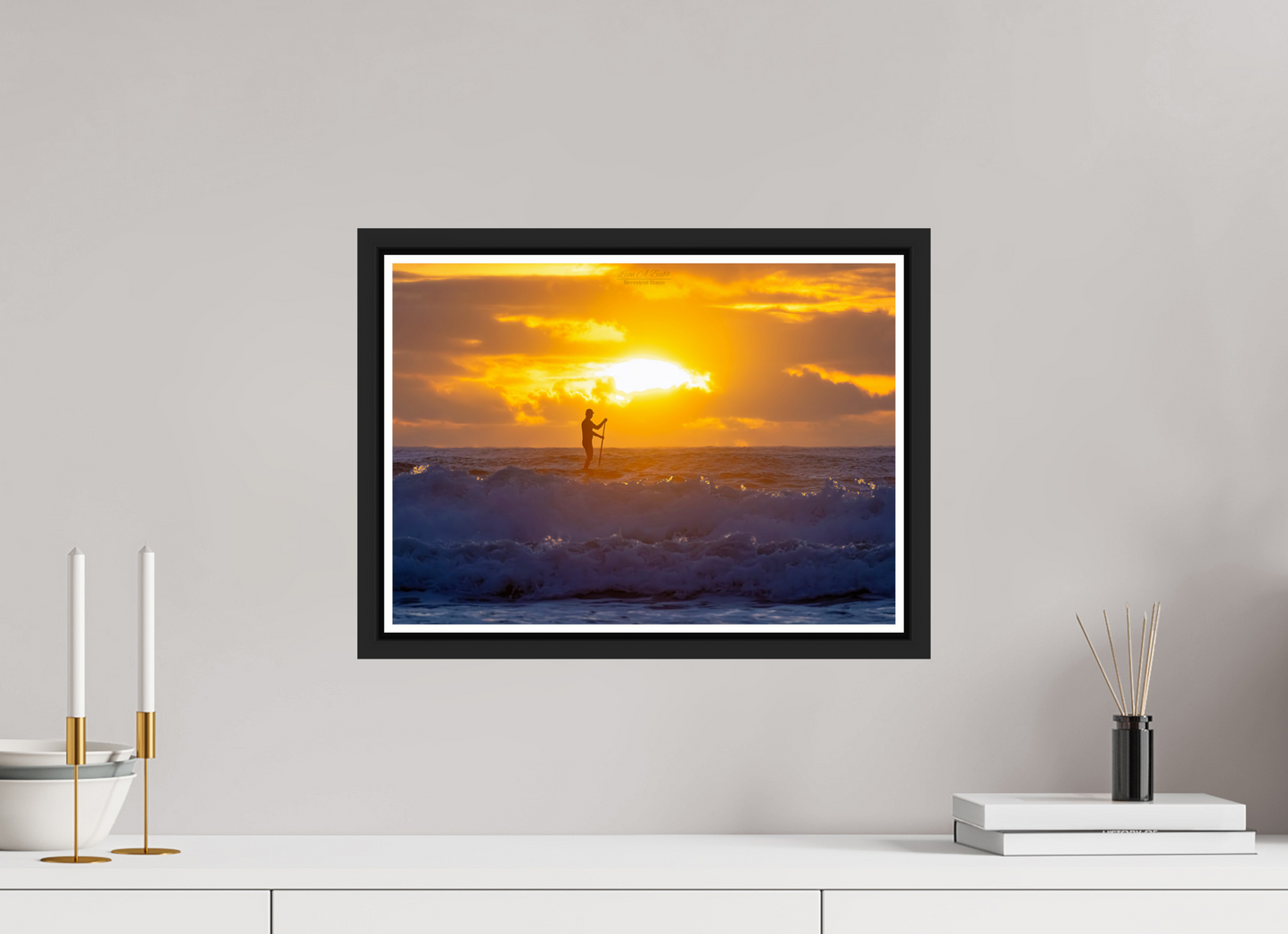 16.8 x 12″, Black Matte Floater Frame with Acrylic Glass (05E) Surfer at Sunrise 2