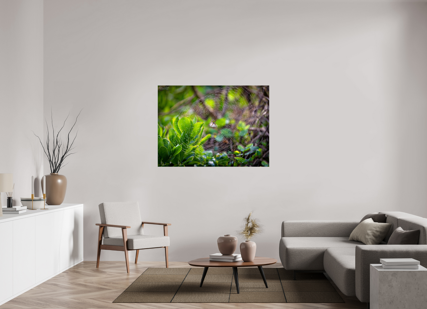 53.5 x 39″, Glossy Canvas Stretcher Frame with Mirrored Edges Hawaiian Garden Spider Web