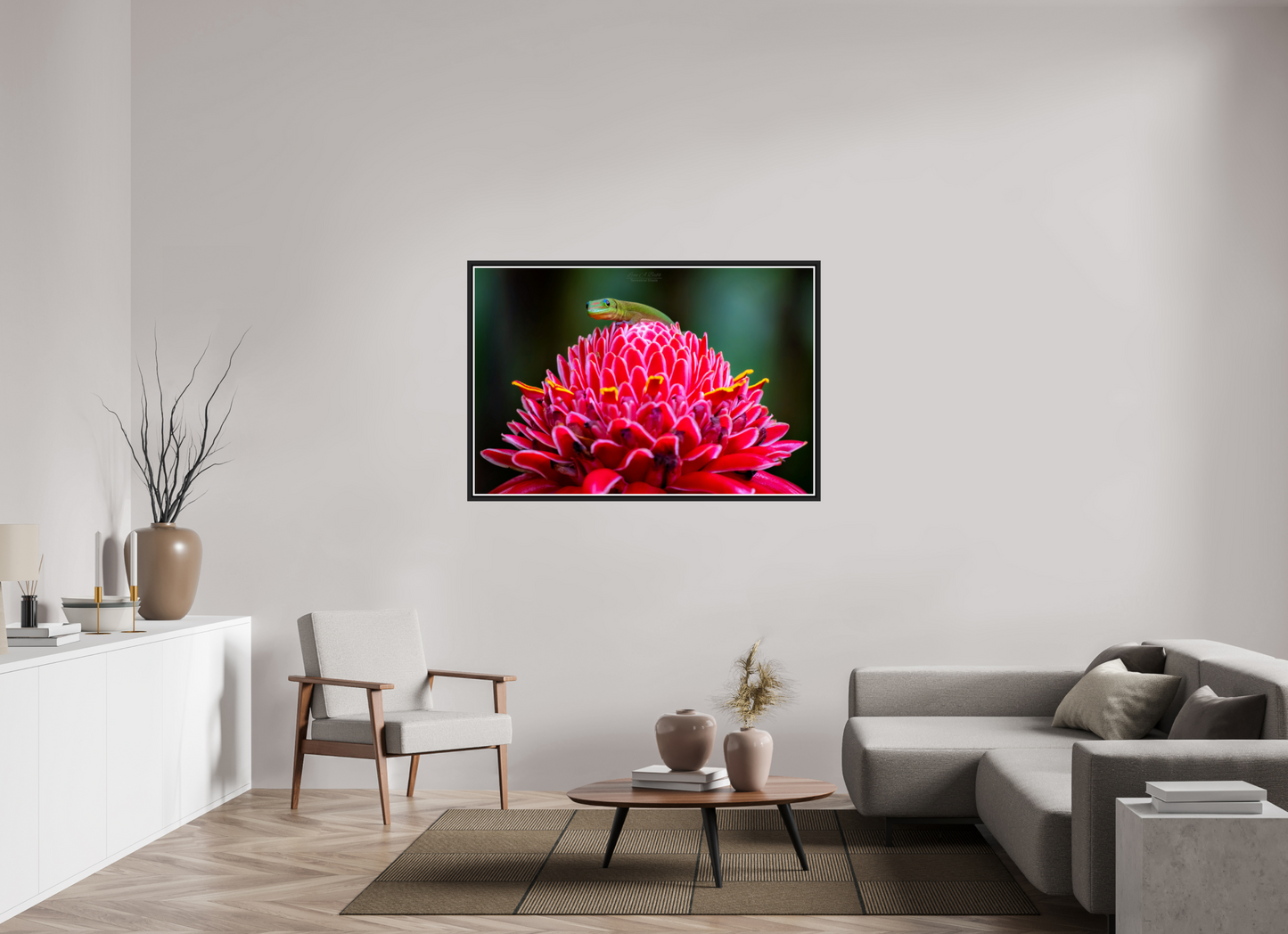 54 x 36″, Black Matte Floater Frame with Acrylic Glass (08F) Gecko on a flower