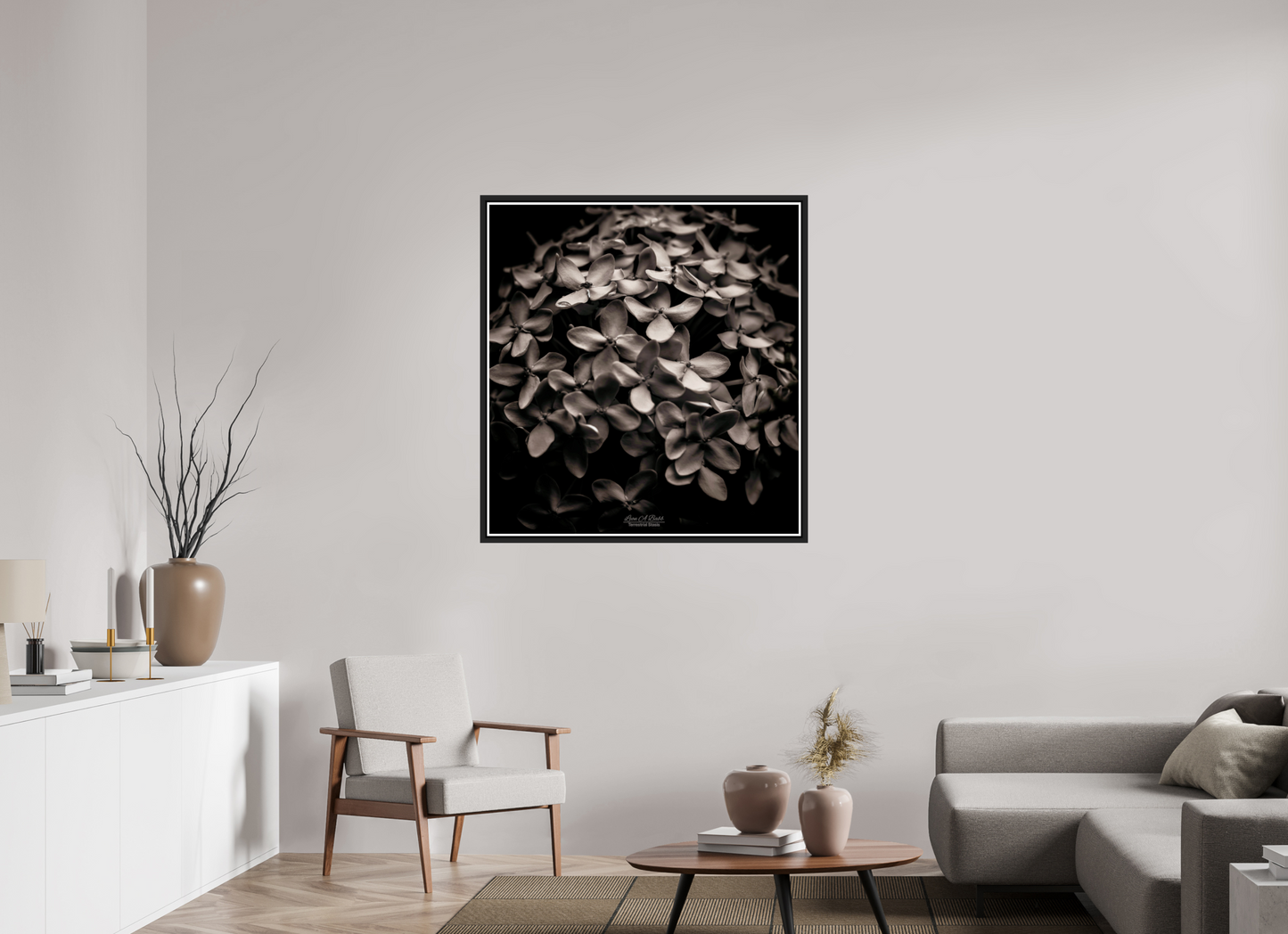 39 x 41.5″, Black Matte Floater Frame with Acrylic Glass (07D) Monochrome Garden