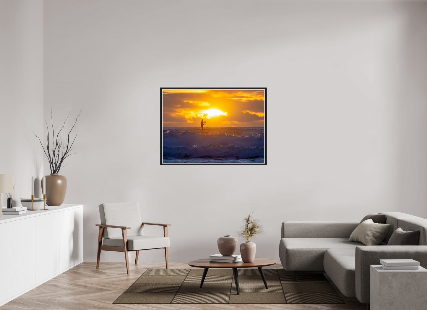 49 x 35″, Black Matte Floater Frame with Acrylic Glass (05E) Surfer at Sunrise 2